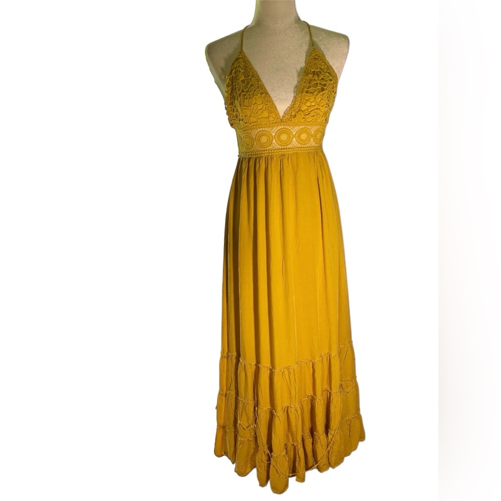 Windsor Mustard Yellow Lace Bodice Maxi Dress | Boho Halter | Size Small